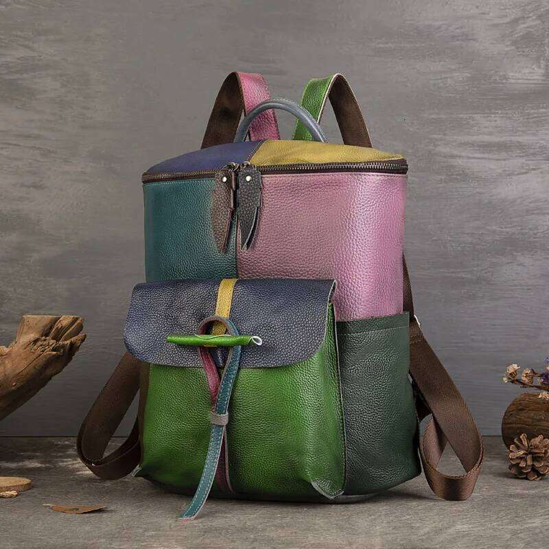 Patchwork Genuine Backpack Woman Real Cow Leather Shoulder Bags Fashion Ladies Cowhide Travel Tote Bag