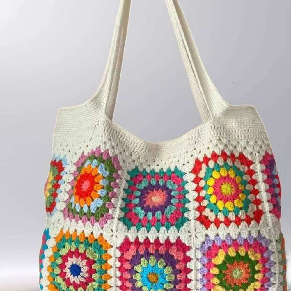 Handwoven Grandmother Grid Patterned Handbag Women's Shoulder With Lining Leisure Shopping Beach Bag Storage Bags