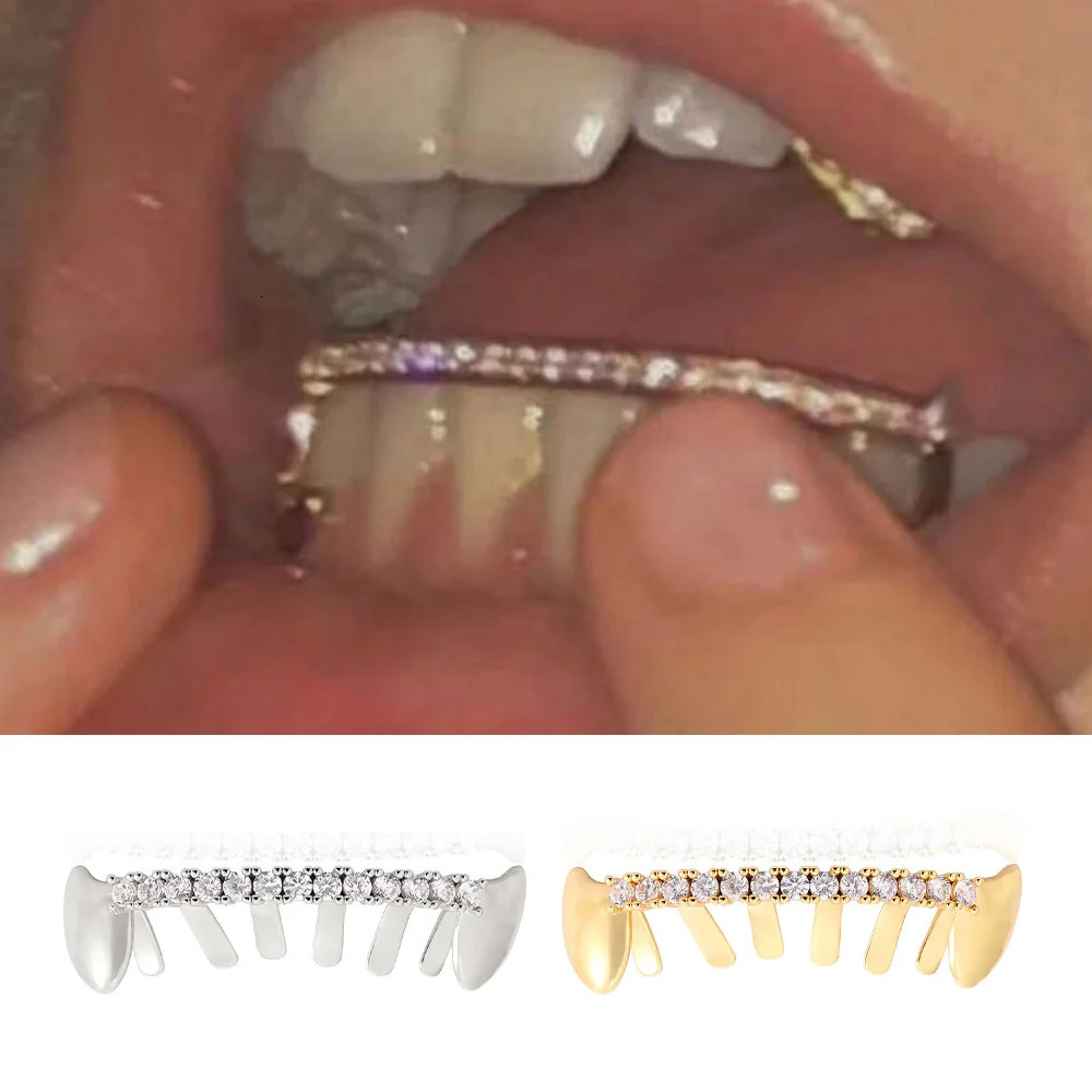 YOUNGX Hip Hop Horizontal Bar CZ Stone Tooth Caps For Women Men Jewelry Vintage Shiny Zircon Teeth Fangs Dental Grills 250613