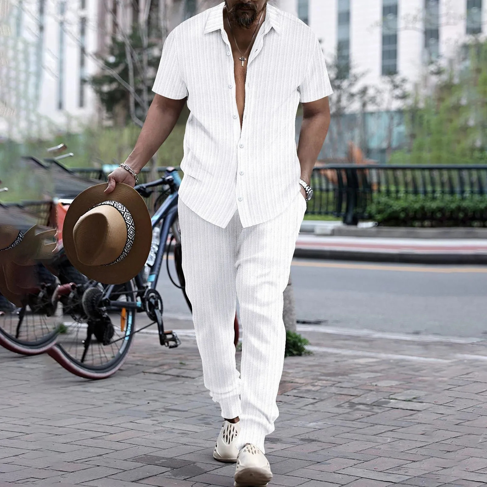 Mens Shirt Casual Short Sleeve Cardigan Blouse Top Pants Beach Suit Summer Two Piece Set Fashion Clothing For Man Ropa Hombre 250619