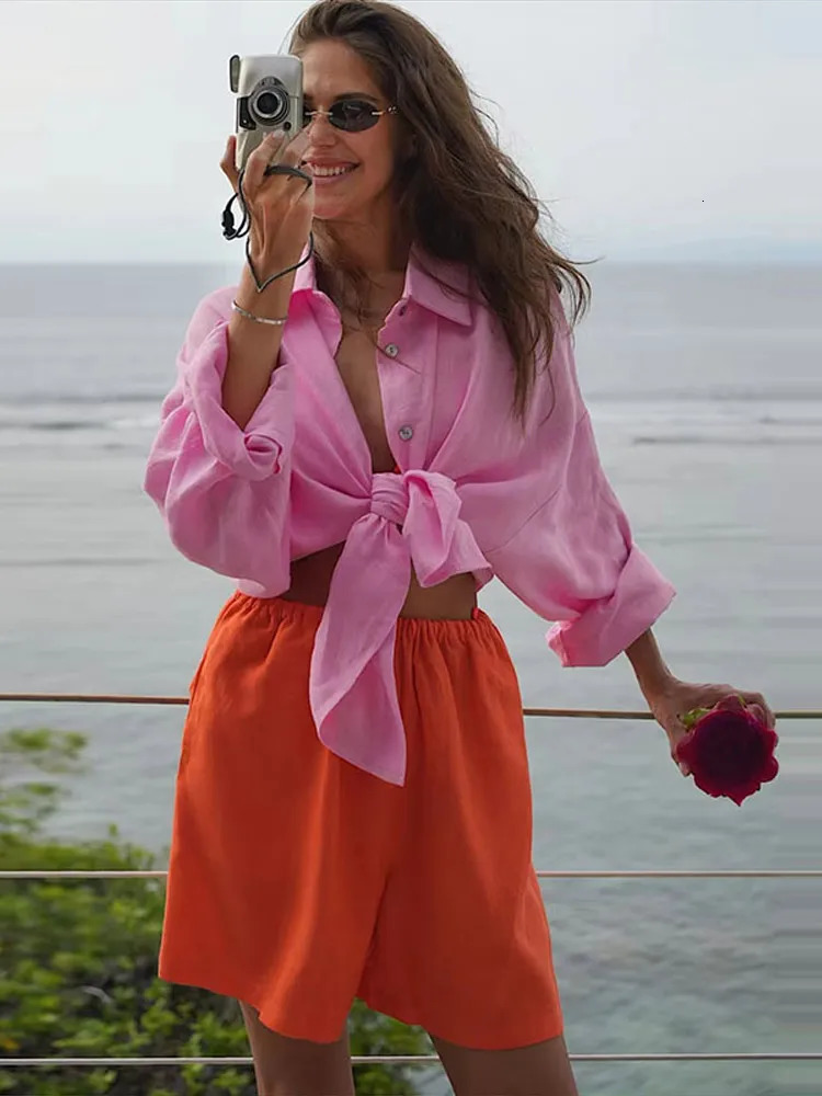 Fashion Loose Womens Shirts Long Sleeve Lapel Oversize Female Blouses 2025 Spring Summer Elegant Pink Cotton Linen Lady Shirts 250619