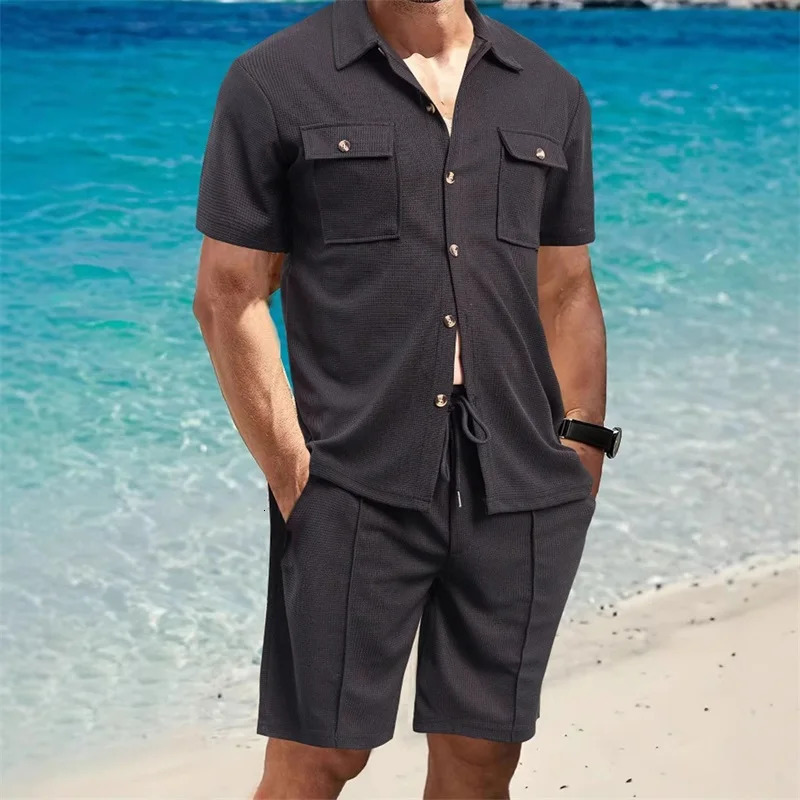 Casual Men s Summer Set Stylish Short Sleeve Button Up Shirt and Comfortable Elastic Waist Shorts in Solid Colors for Beach 250619