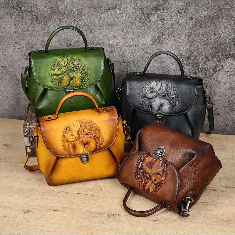 DHGM MOTAORA Vintage Handbags For Women Genuine Leather Shoulder Bags 2025 Woman Bag Rabbit Emed Handmade Designer Handbag