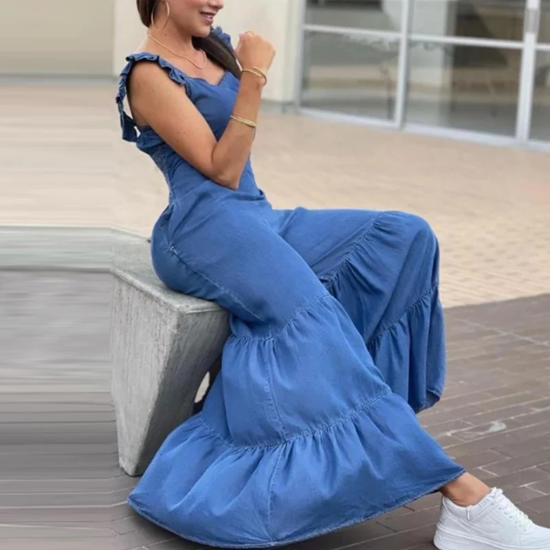 Women Solid Denim Jumpsuits Spring V Neck High Waist Straight Playsuits Summer Backless Wide Leg Pleated Pants Rompers 250619
