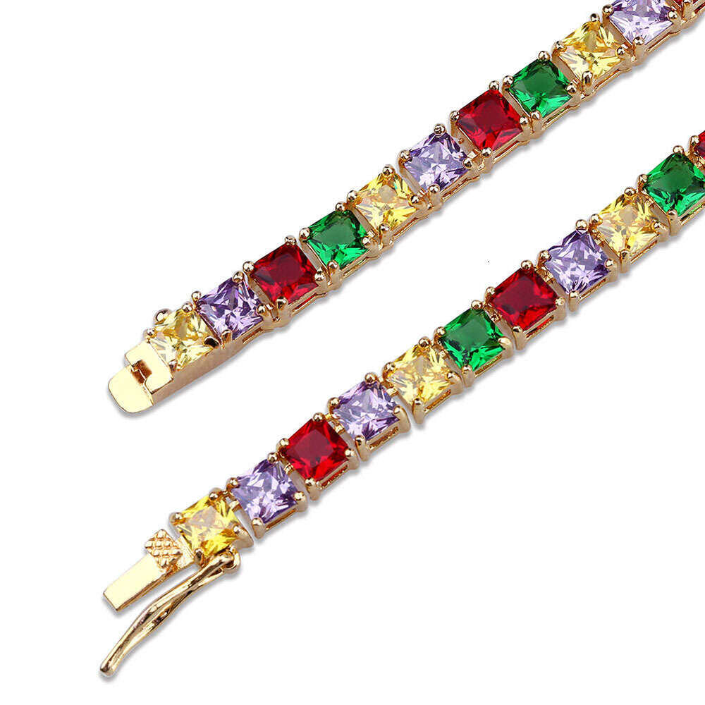 INS4MM Single Row Square Tennis Chain Copper Inlaid Zircon Colorful Dia Hip-Hop Necklace Unisex Trendy Jewelry