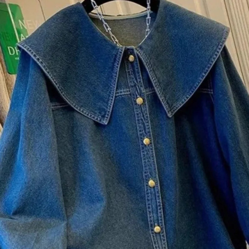 Matakawa Denim Shirts blouses Women Tops Peter Pan Collar Vintage Solid Blusas Mujer Korean Fashion Spring Autumn Camisas 250619