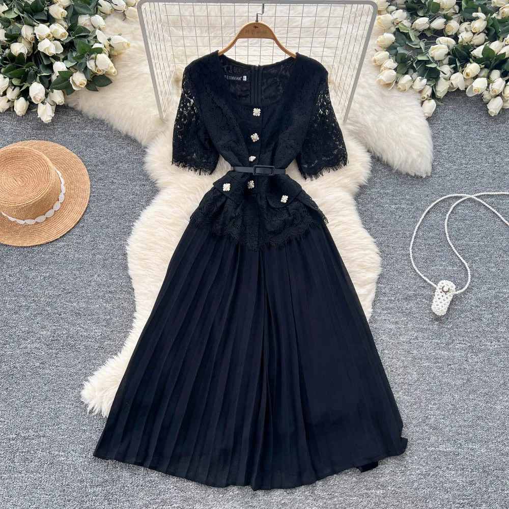 Sexy short sleeve mesh Hook flower hollow Spliced Dress Chic Vintage Evening Party Club Women Chic Summer Beach Dresses 250619
