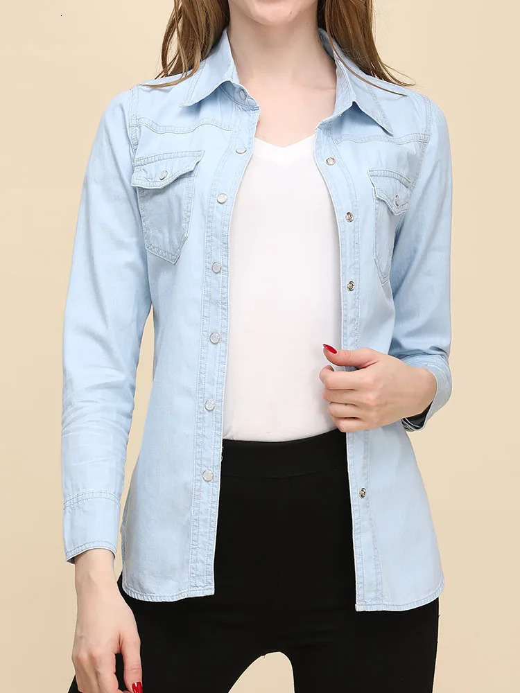 Autumn Denim Shirts And Blouse For Women Korean Style Long Sleeve Top Blue Or Sky Blue Color Jeans Elegant Blouses 250619