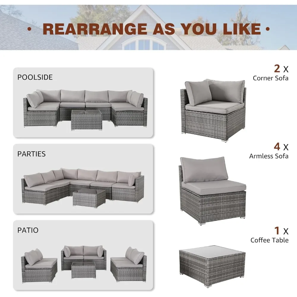 7 Pieces Patio Furniture Set, Patio Modular Patio Set Wicker Outdoor Sectional Sofa Set PE Rattan Wicker Patio Conversation Set, Gray Wicker/Gray Cush