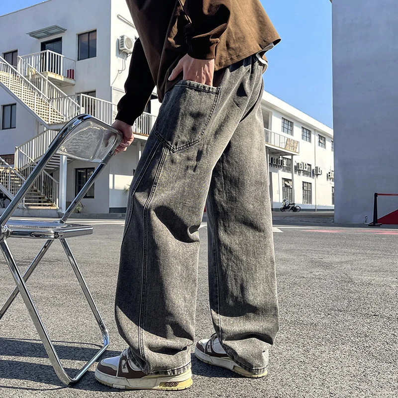 American Retro Washed Denim Jeans Mens Trendy Loose Straight Leg Workwear Wide Leg Pants Korean Street Hip-hop Mens Clothing 250617
