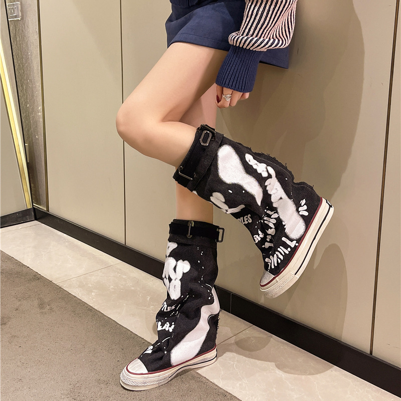 Ddmysports Casual Sneakers Graffiti High Top Canvas Shoes Women Spring Wide Mid Tube New Style Pants Tube Slouch Boots Outdoor Shoes