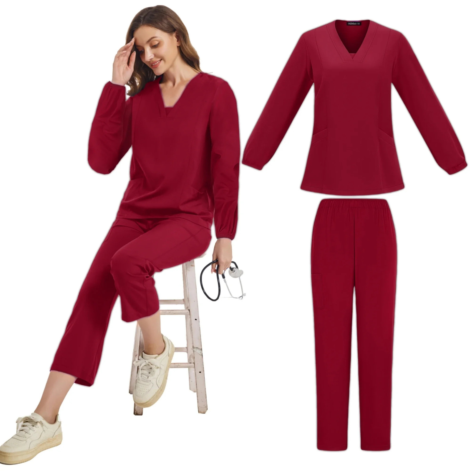 Uniforms Woman Nursing Long Sleeve Scrubsuit Scrubs Hospital Top V-Neck Doctor Nursing Long Scrubs Jogger Sets 250619