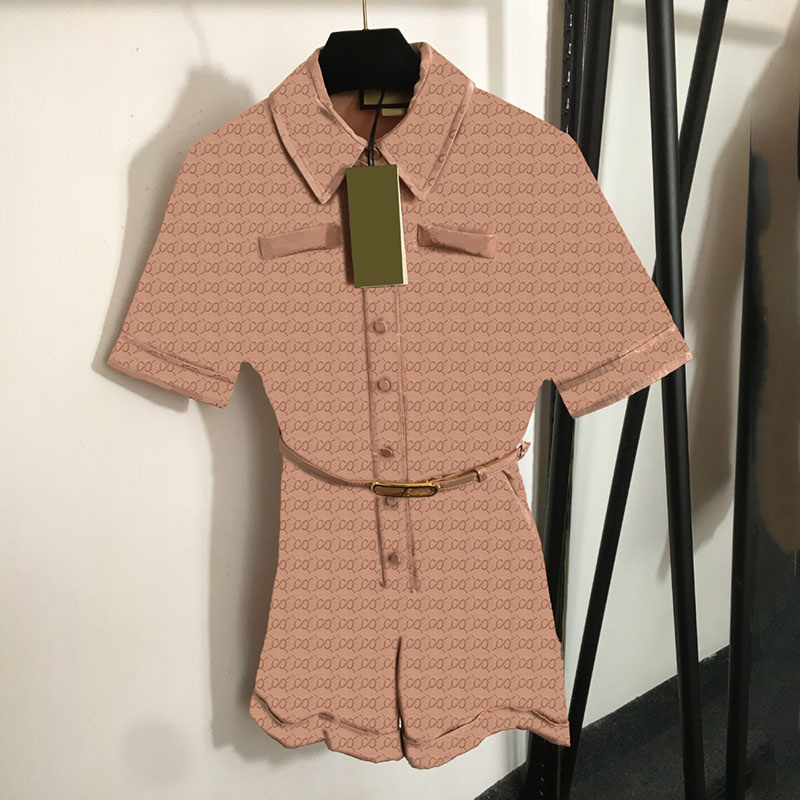Full Letters Women Jumpsuit Designer Summer Lapel Short Sleeve Rompers With Belt Luxury Birthday Holidays Pink Shorts Jumpsuits