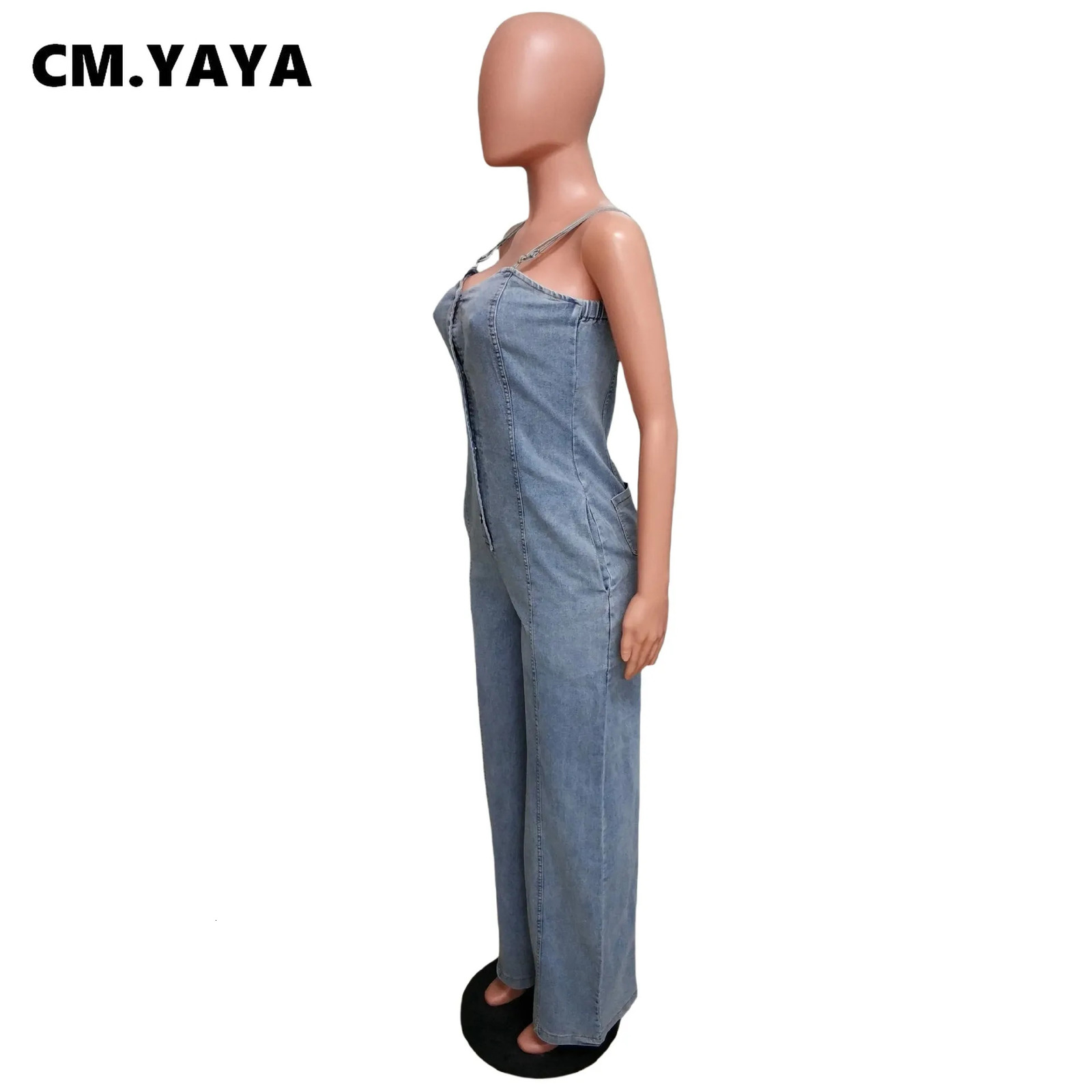 CM.YAYA Women Strapless Strap Wide Leg Jeans Denim Wide Leg Jumpsuits Autumn Street Cargo Playsuit One Piece Suit Rompers 250619
