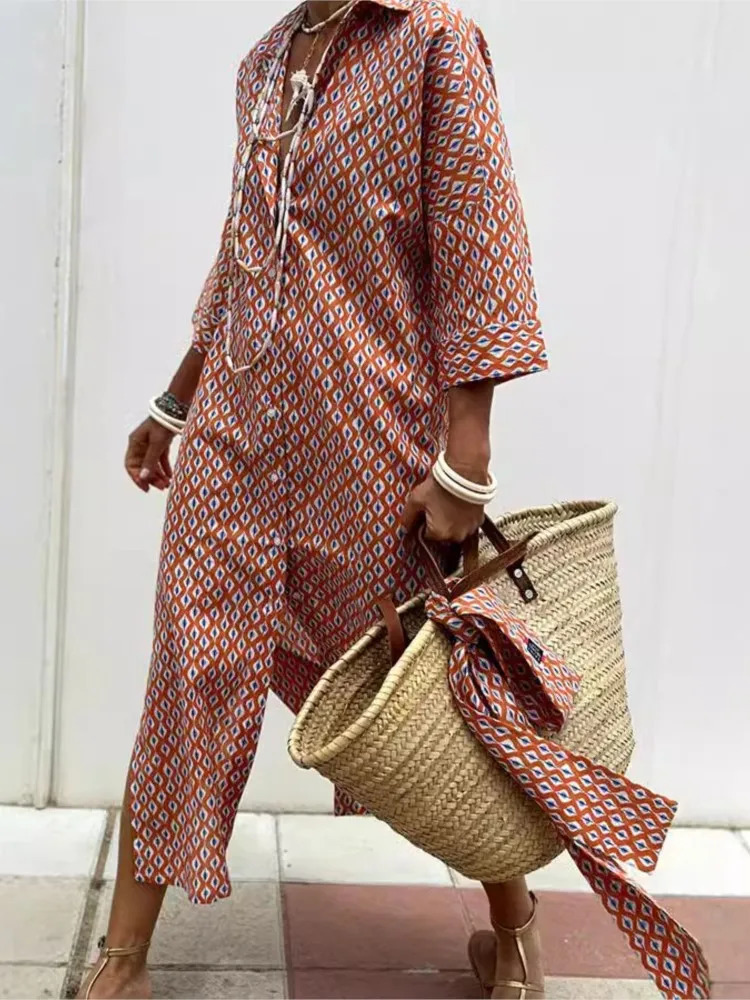 Autumn Long Sleeve Shirt Dress Elegant Belt Long Dress For Women Fashion Print Button Lapel Neck Casual Dresses Robe Femme 250619