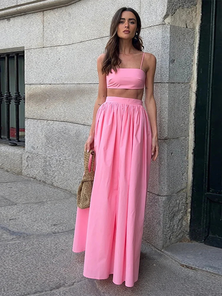 Women Tube Top Skirt Set Sexy Off Shoulder Suspenders Blouse Loose Elastic Waist Skirts Female Suits 2025 Summer Lady Outwear 250619