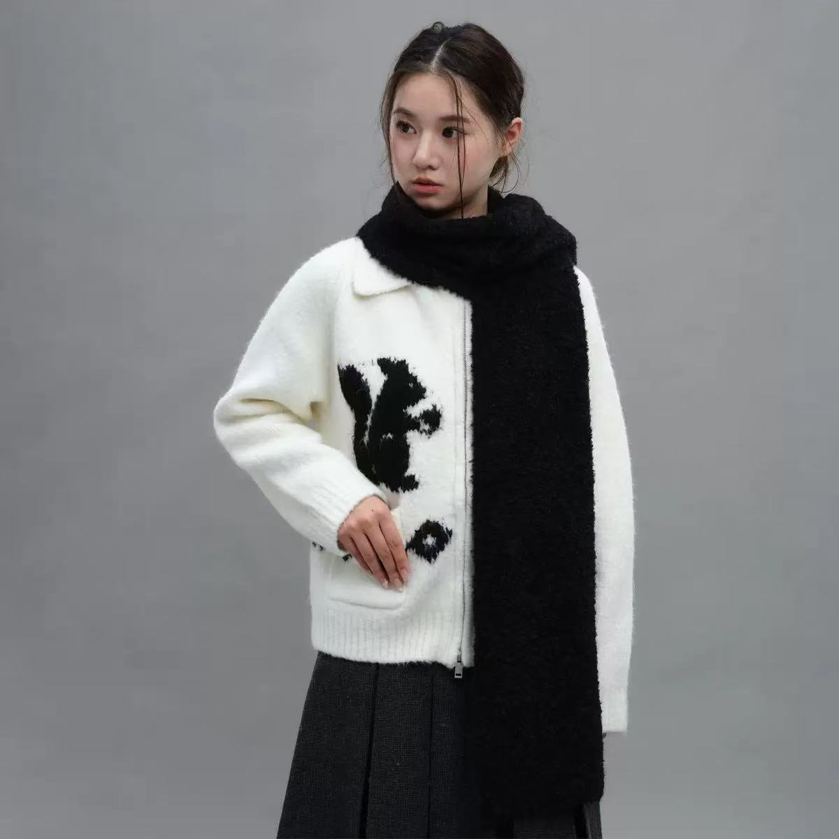 T1015 high-end design pure color retro wool blend autumn and winter warm knitted neck scarf for women