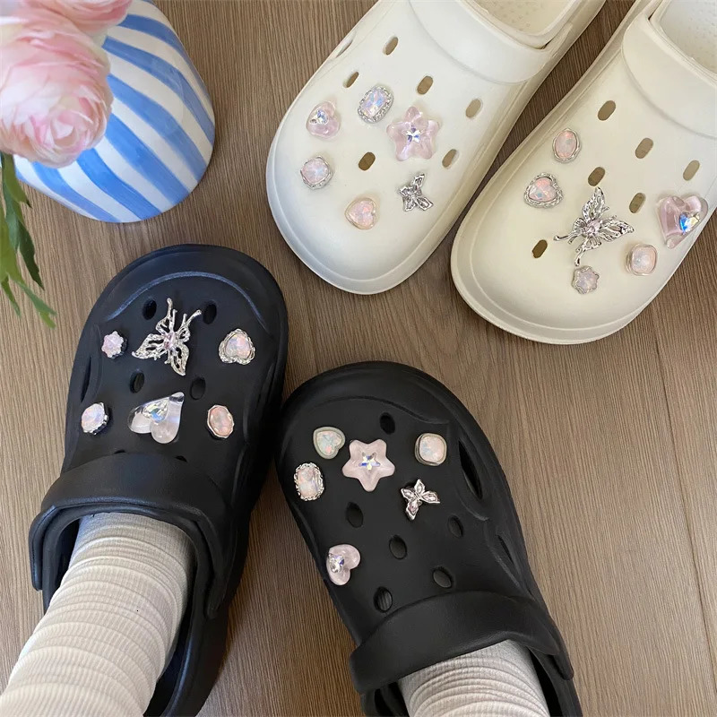 Summer pink ice through love shoes flower butterfly fantasy buckle hole shoes universal decorative Clogs accessories 250617