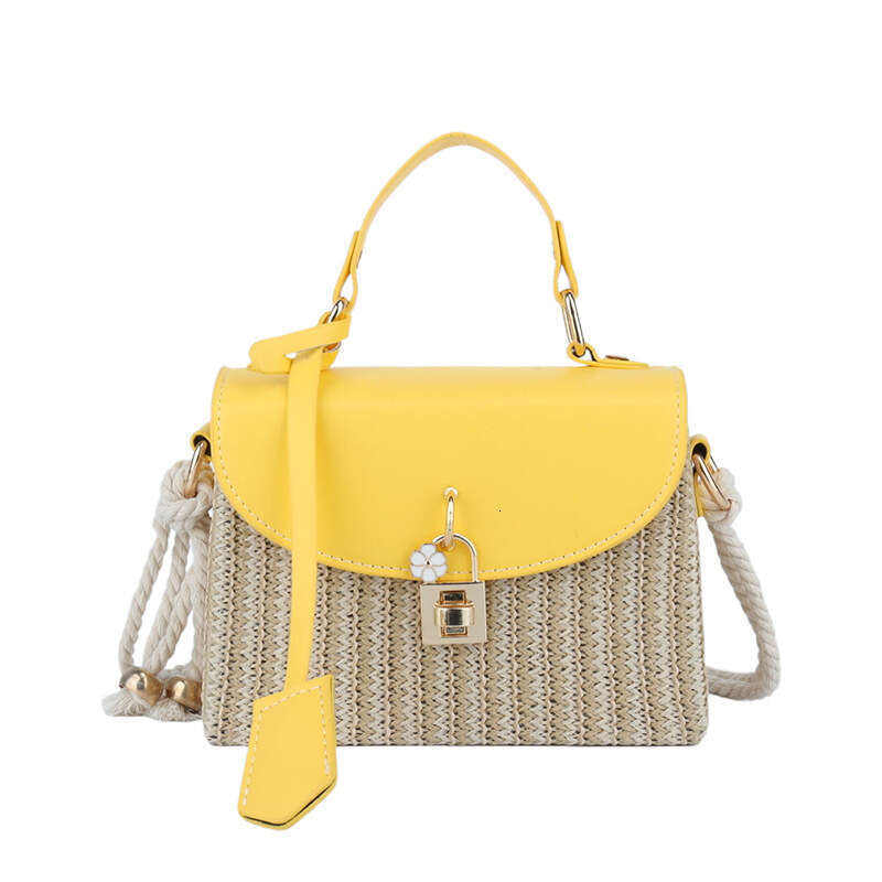 Straw Woven Single Shoulder Crossbody for Women 2024 Lock Simple Versatile Chain Commuter Small Square Bag Bags