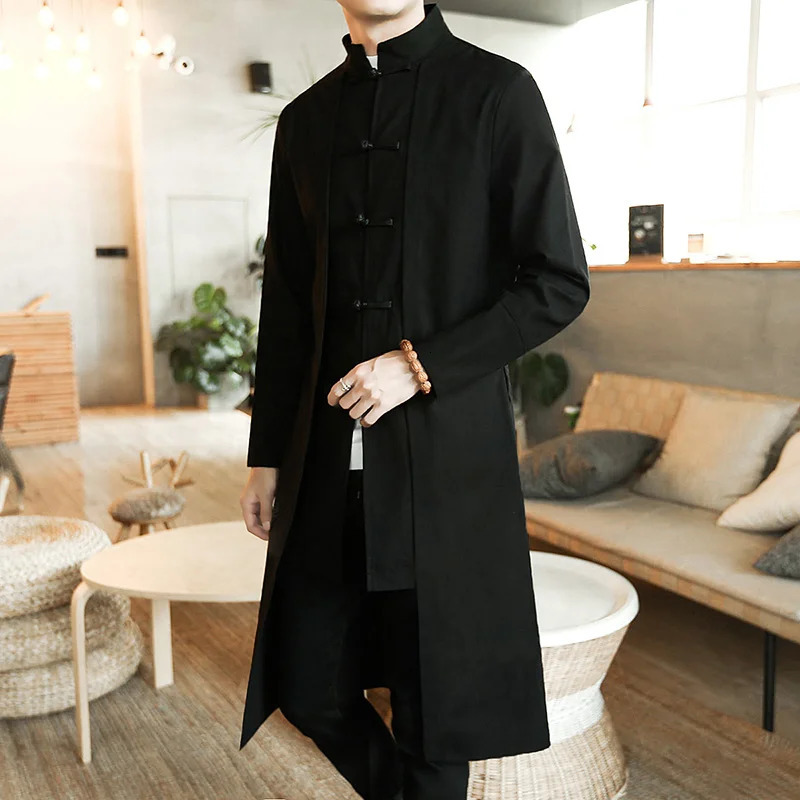 Trench Men two Pieces Cardigan Kimono Male Long Chinese Style Black Vintage Cotton Linen Robe Tai Chi Kung Fu Tang Costume 250619