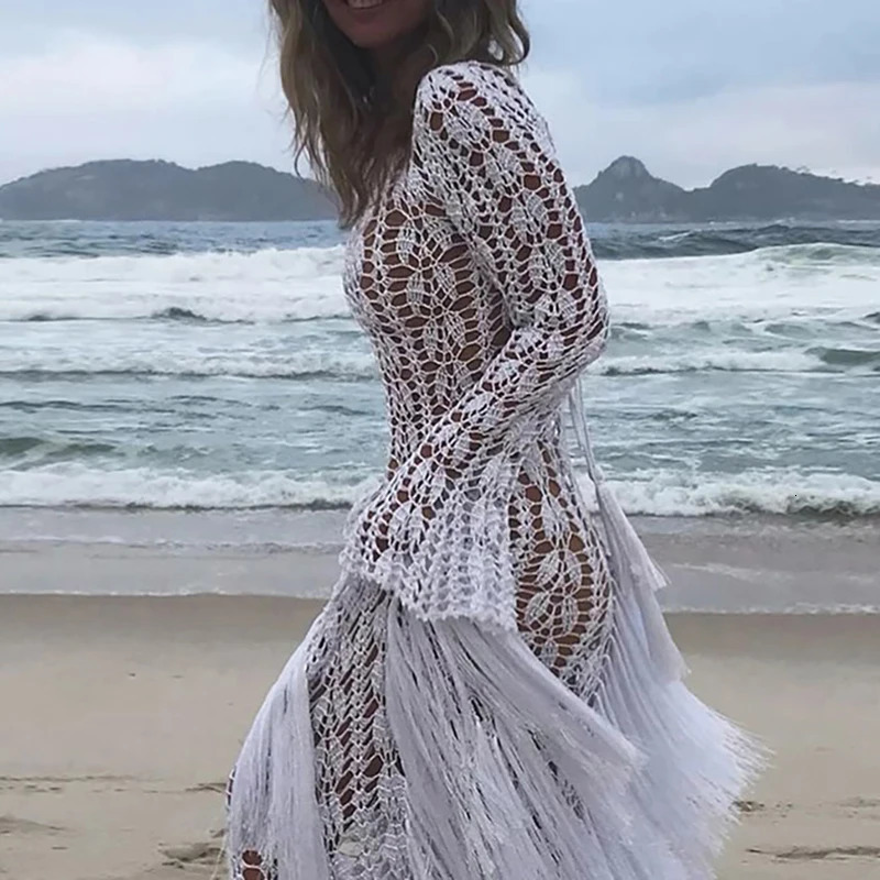 Fashion Fringe Patchwork Slim Long Robe Dress Beach Holiday Hollow Knitted Womens Dress 2025 Casual Summer Long Sleeved Dresses 250619