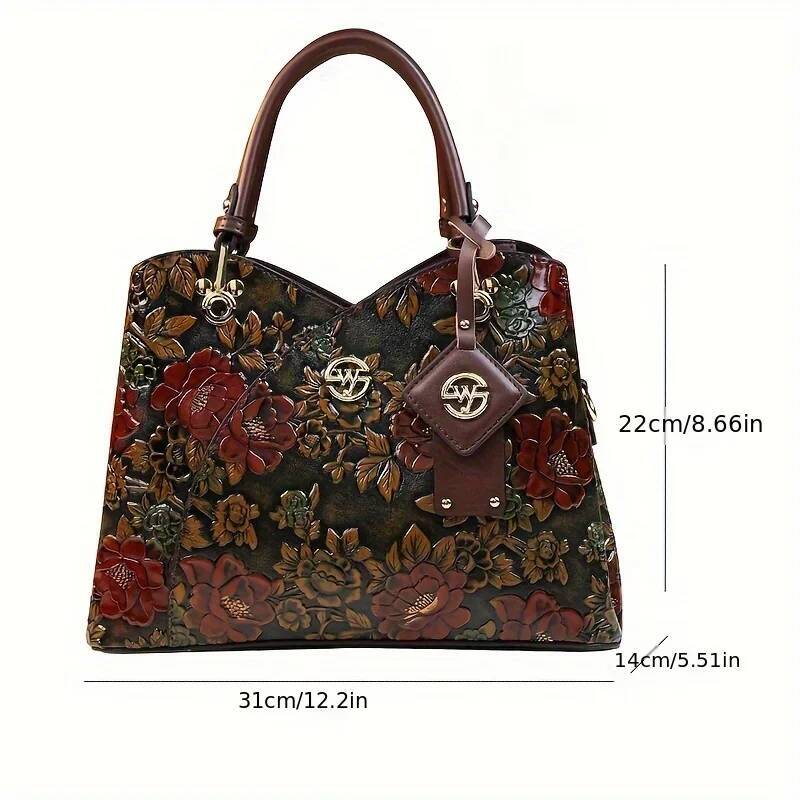 DHSM Vintage Flower Pattern Handbag, PU Leather Tote Bag, Fashion Crossbody Bag For Women