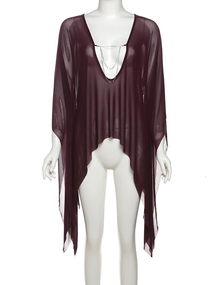 Nibber Girls Mesh See Through T-Shirts Women Sexy Deep V-Neck Full Sleeve Irregular Ruffles Tassel Street Wild Style Top 250619