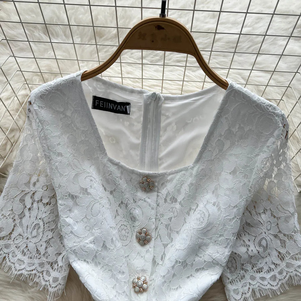 Sexy short sleeve mesh Hook flower hollow Spliced Dress Chic Vintage Evening Party Club Women Chic Summer Beach Dresses 250619