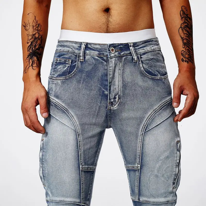 Two tone distressed patchwork jeans for men trendy jeans for summer thin straight leg pants slim fit small leg distressed jeans 250619