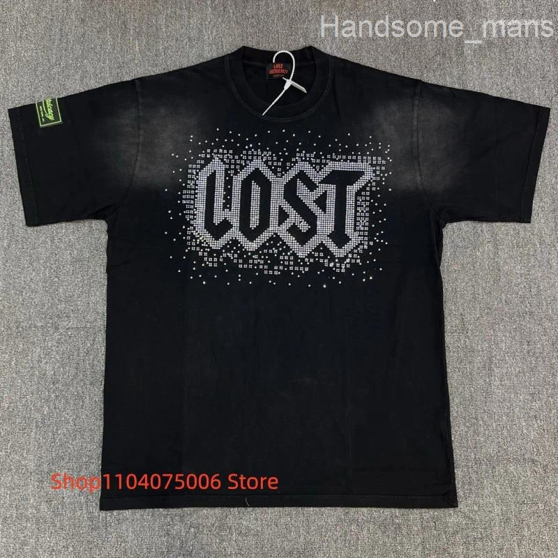 Mens T Shirts High Quality Pure Cotton Washed T-Shirt Lost Intricacy Rhinestone Unisex Casual Tee