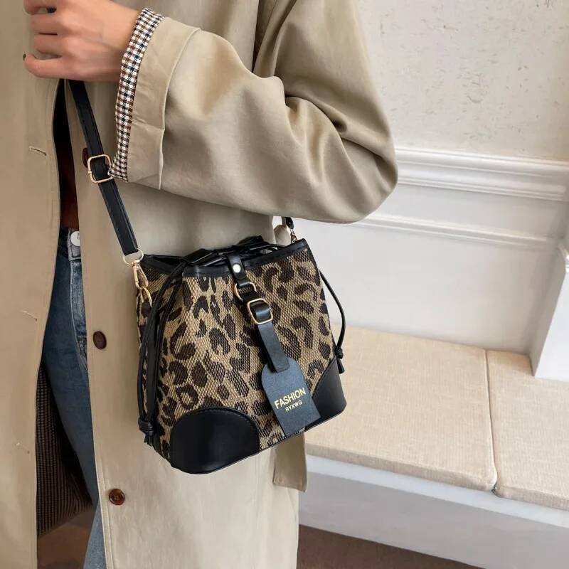 DHGM Leopard Small PU Leather Women Bucket Crossbody Bags 2024 Fall Designer Shoulder Bag Brand Ladies Handbag Lady Trend Tote