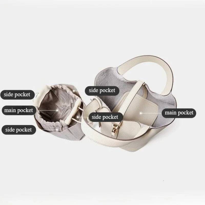 DHSM Genuine Leather Shoulder Bucket Bag Women Litchi Pattern Mini Basket Tote Soft Handbag Mommy Bride Wedding Bags with Lock