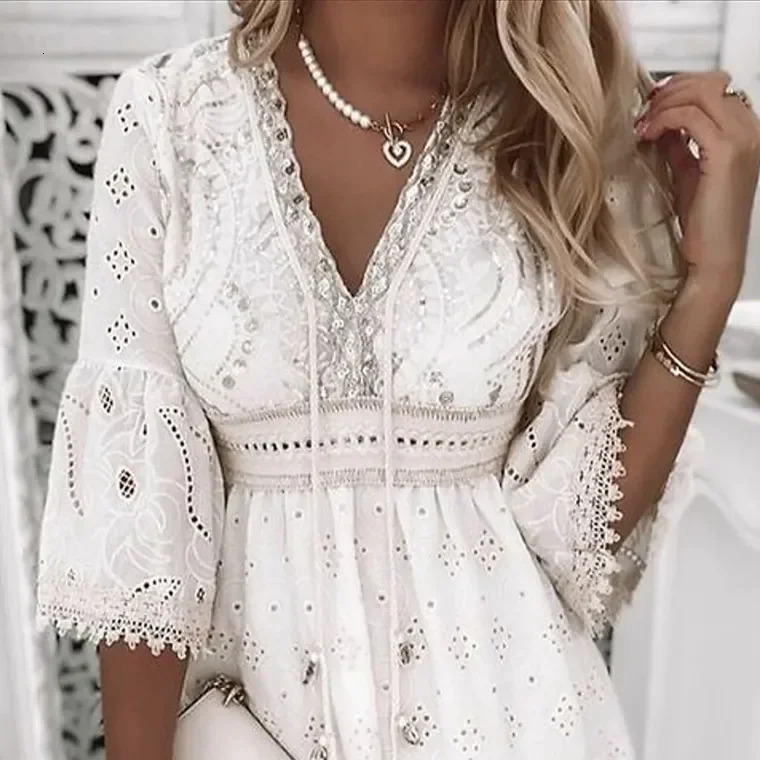 Hollow Out Summer Dress for Women Female V Neck Long Sleeve White Dresses Loose Solid Casual Women Beach Holiday Dress Vestidos250616