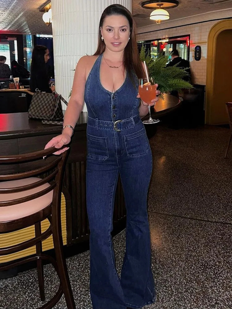 Summer Womens Denim Halter Sleeveless Jumpsuit With Chic Buttons Stretch Slimming Waist Romper Streetwear Trendy Outfit 250619