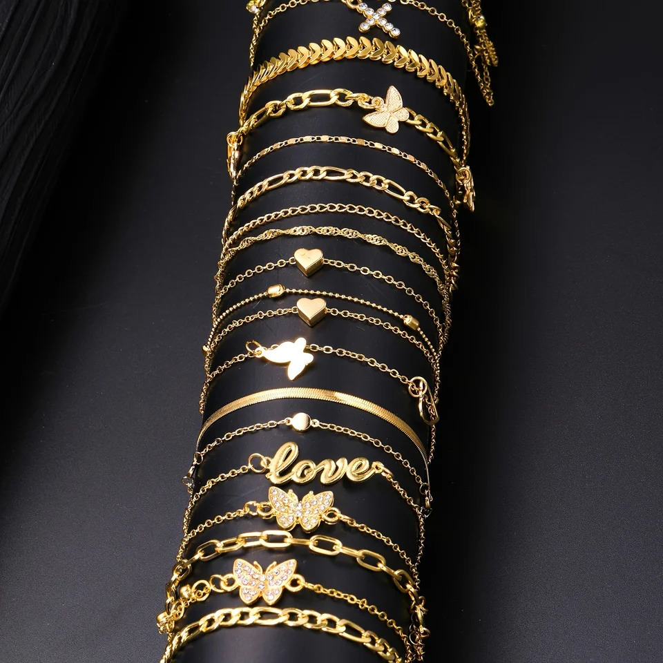 18Pcs Bohemian Summer Beach Anklet Set For Women Vintage Butterfly Heart Crystal Pendant Foot Bracelets Fashion Jewelry Gift 250606