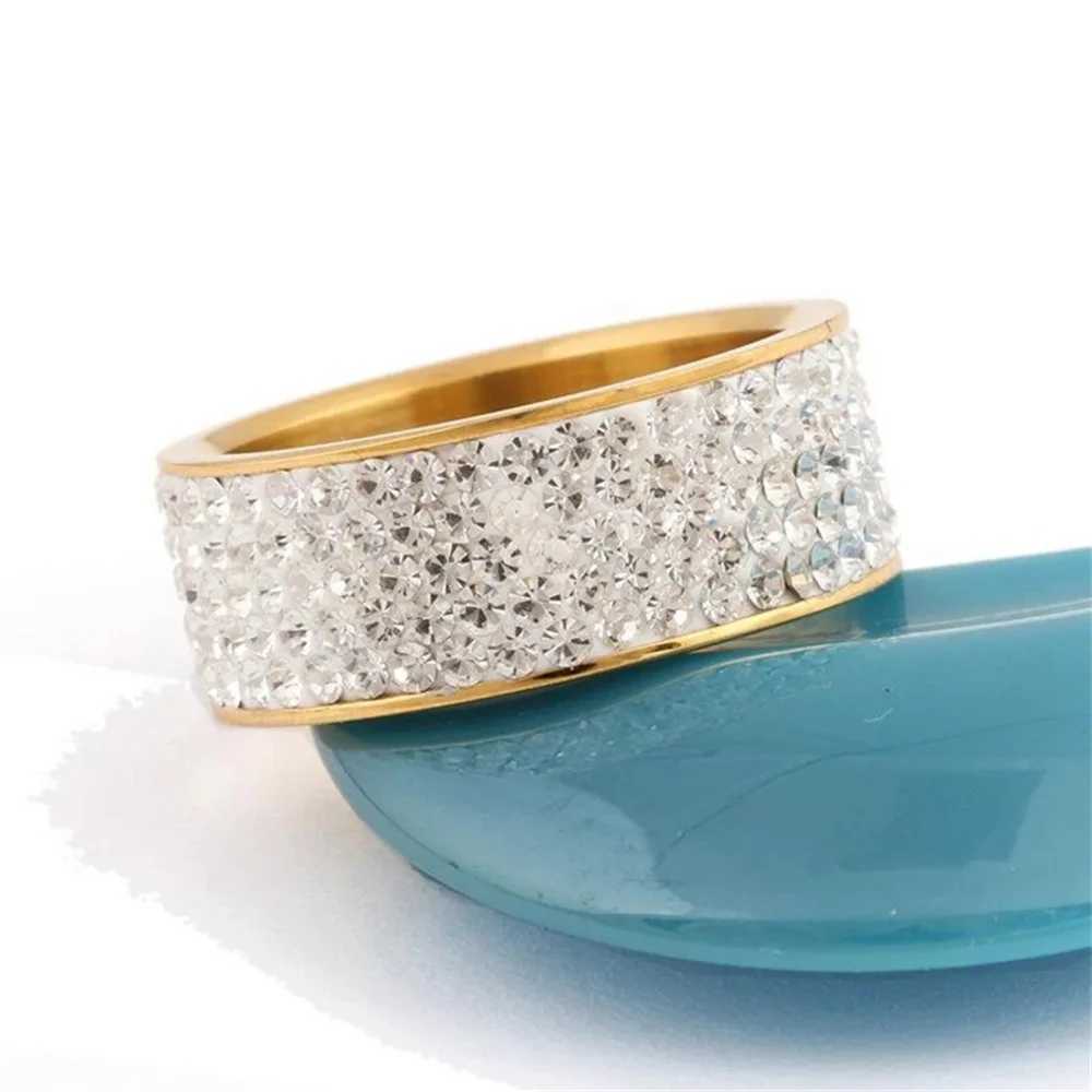 8mm Wide Five Rows Full Rhinestone Shiny Rings Stainless Steel Gold Silver Color Ring For Women Men Hip Hop Fashion Party Jewelry M250620