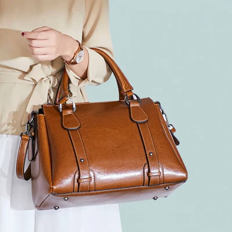 DHGM DHGM Genuine Leather Women Shoulder Cross body Handbag Top Handle Casual Designer Female Oil Wax Cowhide Messenger Tote Bag