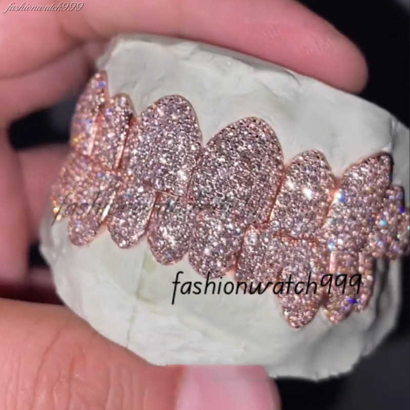 Custom Hiphop Iced Out Rose Gold Grillz For Teeth 925 Sterling Silver Bling Moissanite Grillz