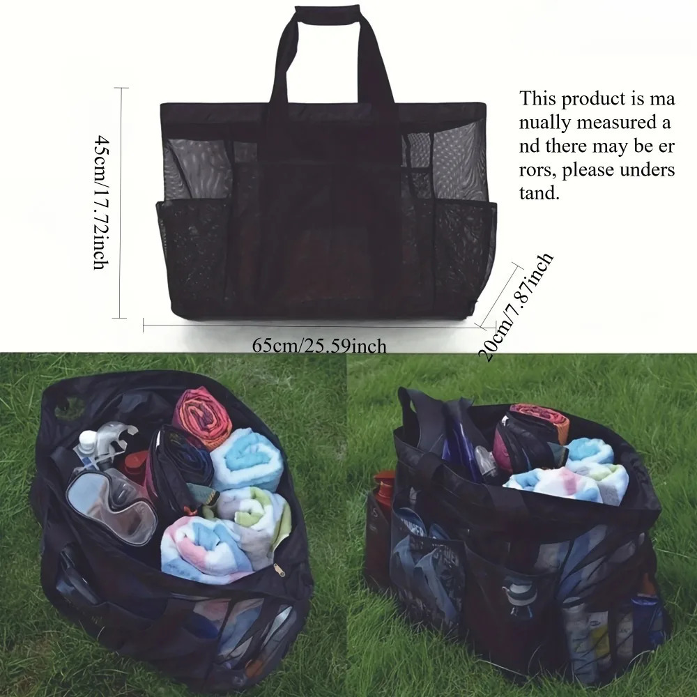 1pc Large Mesh Beach Bag Breathable Tote With Zipper Side Pockets Portable Capacity Finishing Organizer 250612