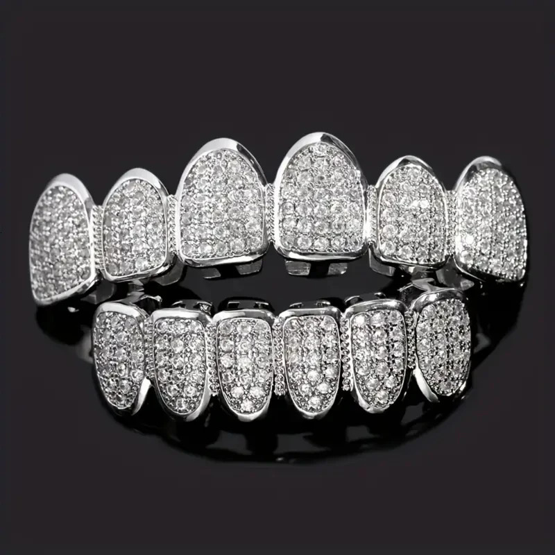 Hiphop Teeth Set for Unisex Top Bottom Mouth Silver Color Grills Tooth Cap Removable Dental Fashion Body Jewelry 250613