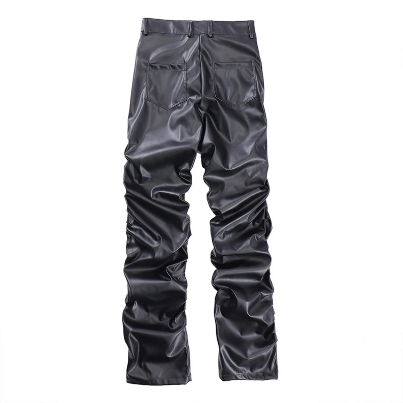Hip Hop Mens Pleated Pu Leather Pants Harajuku Retro Streetwear Loose Ruched Casual Trousers Straight Solid Color Black 250614