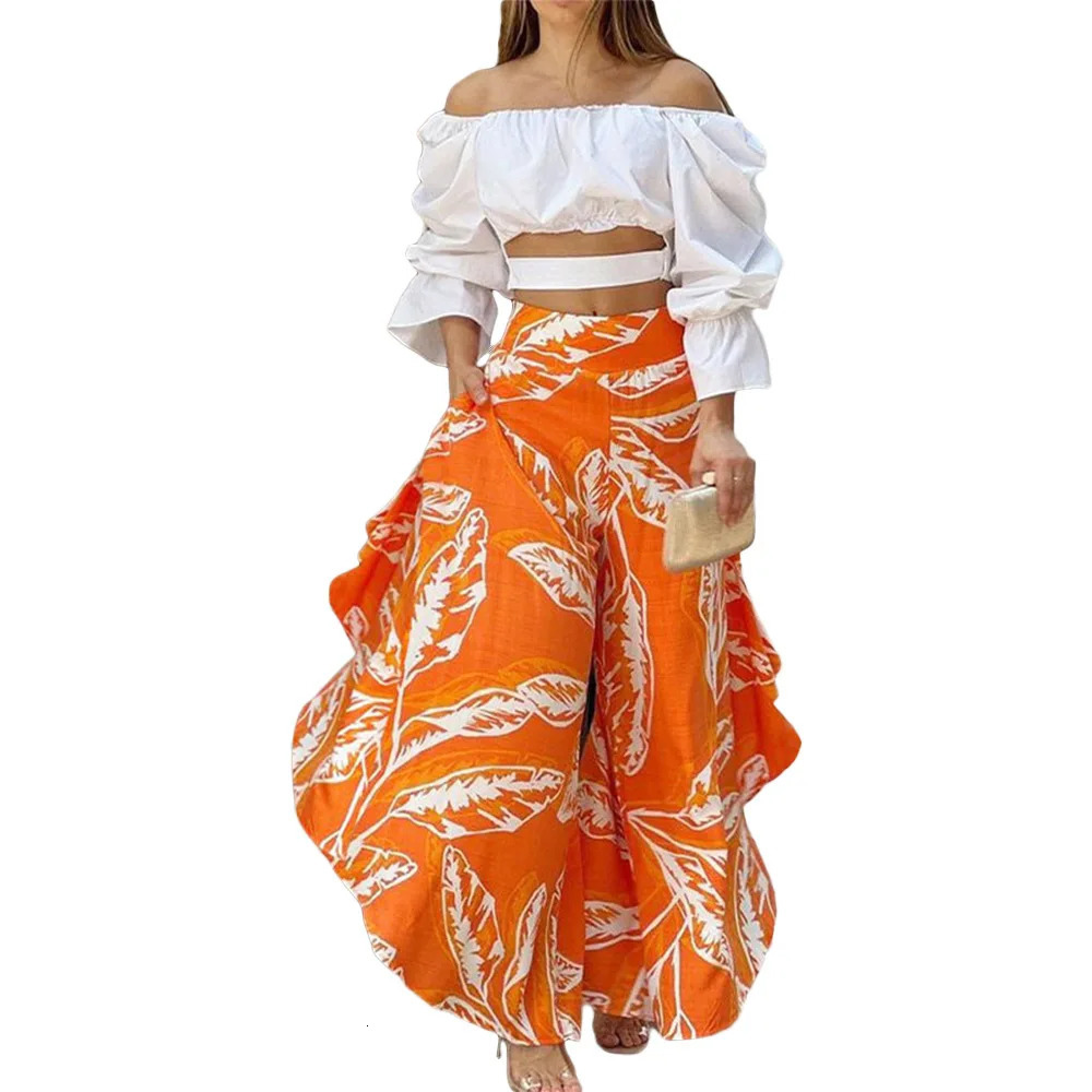 Pant Set Women Solid Slash Neck Full Sleeve Off Shoulder Tops Two Piece Sets Loose Casual Print Long Pants High Waist 250619