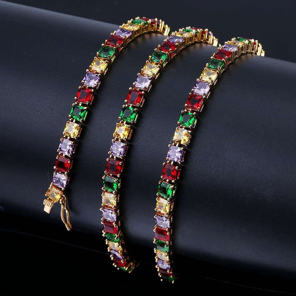 INS4MM Single Row Square Tennis Chain Copper Inlaid Zircon Colorful Dia Hip-Hop Necklace Unisex Trendy Jewelry