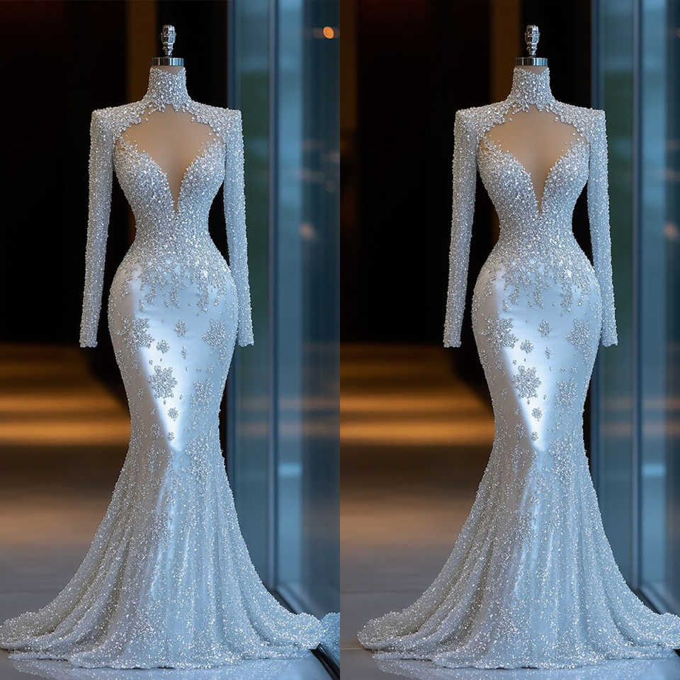 Elegant Mermaid Wedding Dress Beaded Sequins High Neck Long Sleeve Bride Gowns Sheath Floor Length Bridal Dresses Customized
