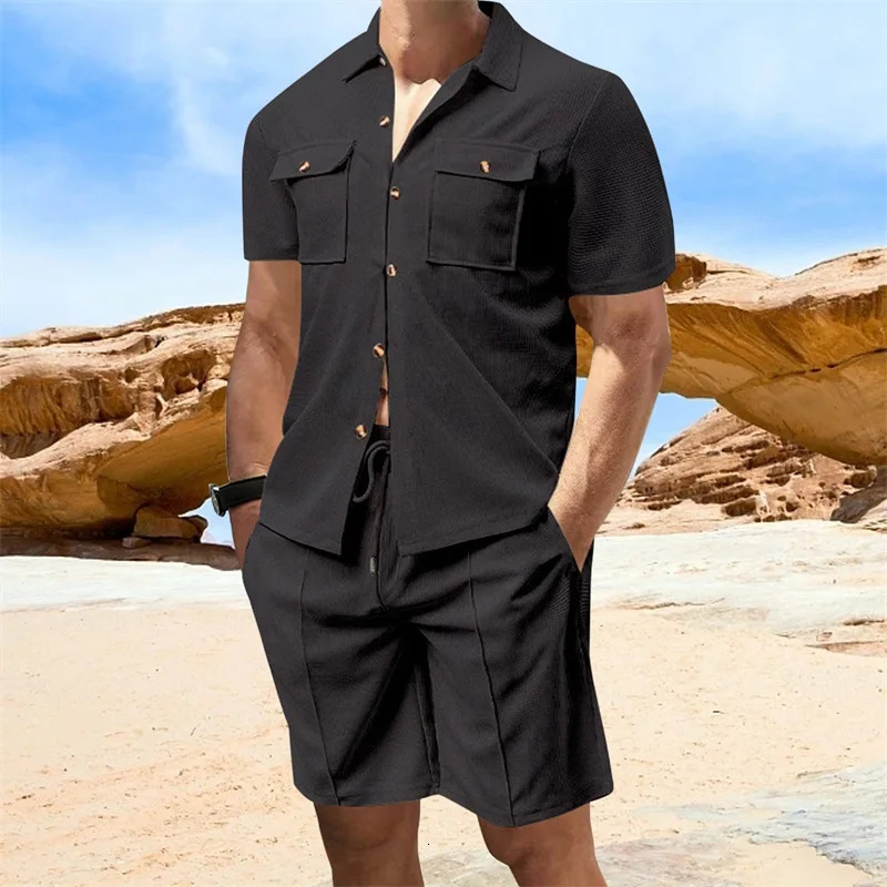 Casual Men s Summer Set Stylish Short Sleeve Button Up Shirt and Comfortable Elastic Waist Shorts in Solid Colors for Beach 250619