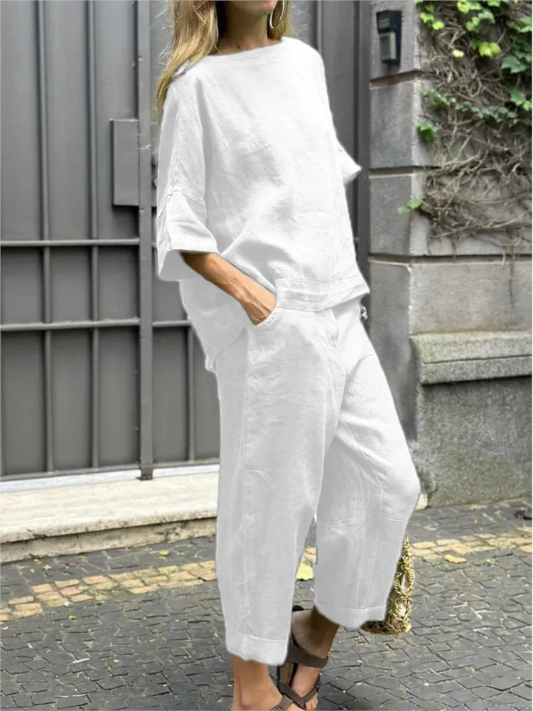 Fashion Cotton Linen Women Suit Casual Half Sleeve O Neck Top And Loose Pocket Pants 2 Piece Set 2025 Spring Summer Sets Female 250619