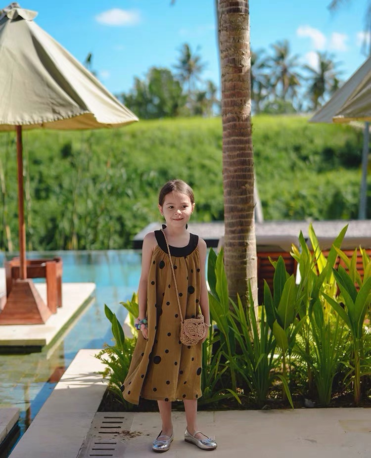 Girl's linen printed vest dress casual dress Girls' autumn long sleeved dress