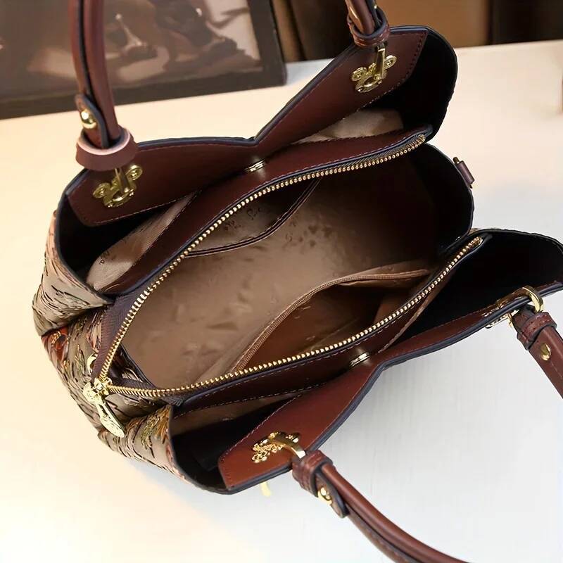 DHSM Vintage Flower Pattern Handbag, PU Leather Tote Bag, Fashion Crossbody Bag For Women