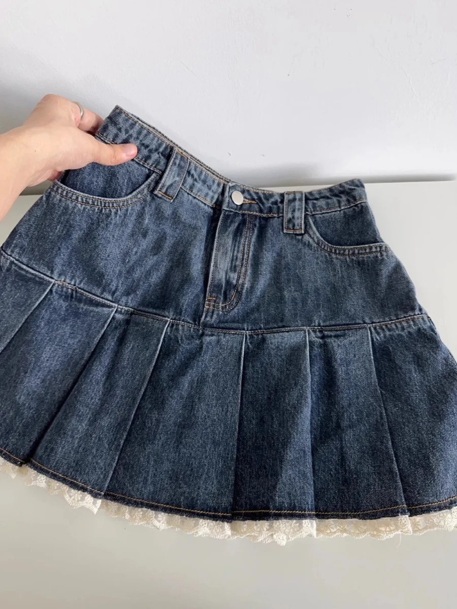 Women Blue A-line Denim Skirt Vintage Aesthetic Y2k Patchwork Lace Jean Skirt Harajuku Korean Cowboy Skirts 2000s Clothes Summer 250619