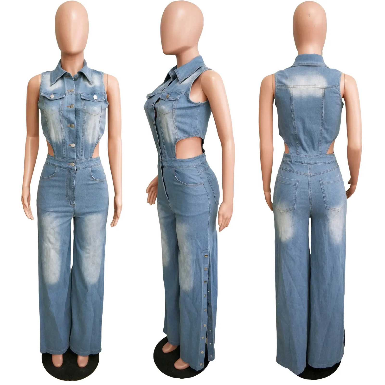 Jumpsuits Women Denim Pants One Piece Sleeveless Turn Down Collar Overalls Sheath Sexy Straight Long Pant Rompers Slim Fit 250619